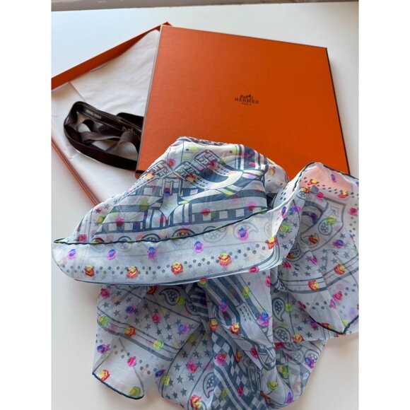 NEW Hermes Sangles Zig Zag a Pois Rainbow Chiffon Silk Scarf Plumetis Jamin 60cm - Picture 1 of 13